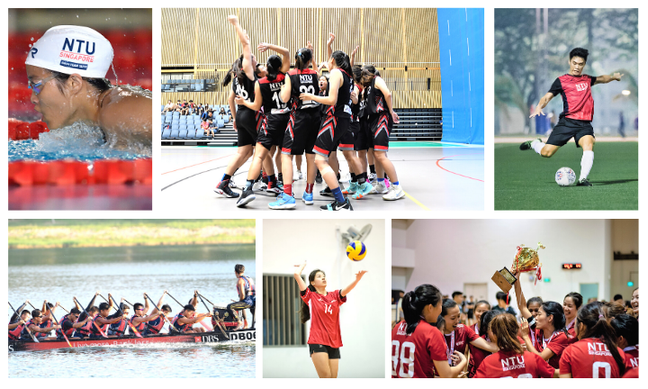 A collage of NTU students actively engaging in various sports such as swimming, basketball, football, dragon boat, volleyball and floorball