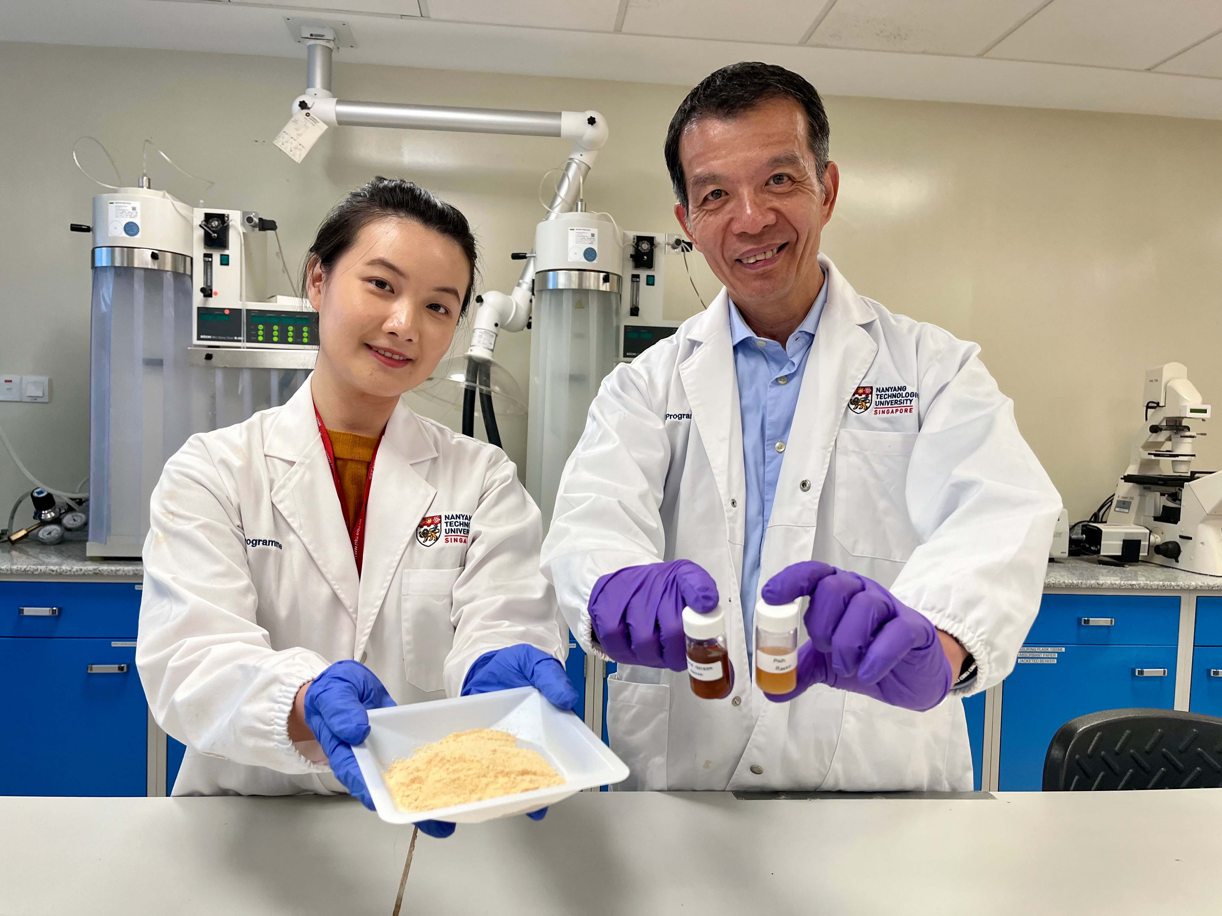 Director of NTU's Food Science and Technology Programme (FST) Professor William Chen, with FST Project Officer Ms Amanda Voo Ying Hui, presenting the new food flavour additives.