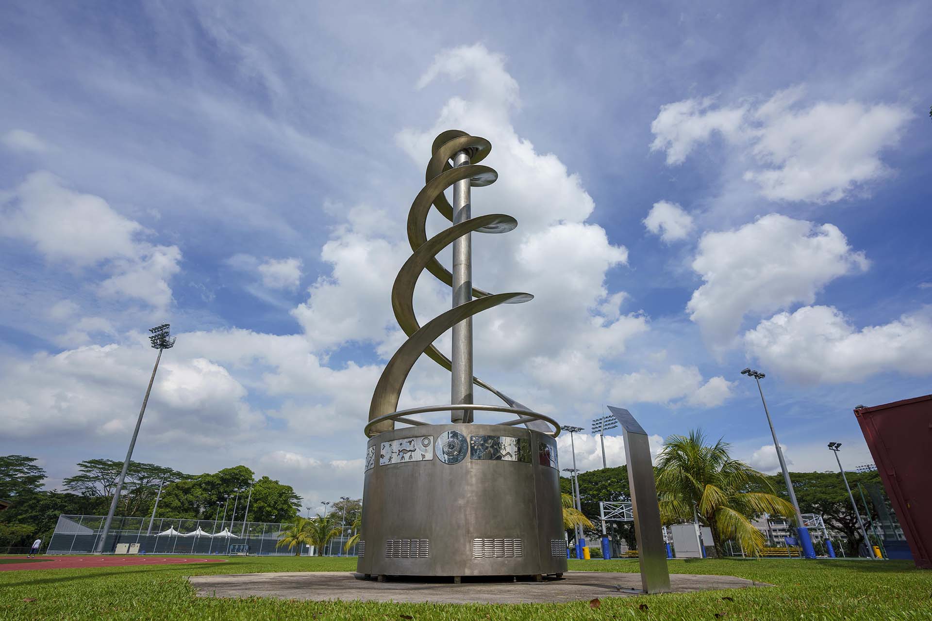 Stainless steel sculpture with spiral located at NTU Sports and Recreation Centre