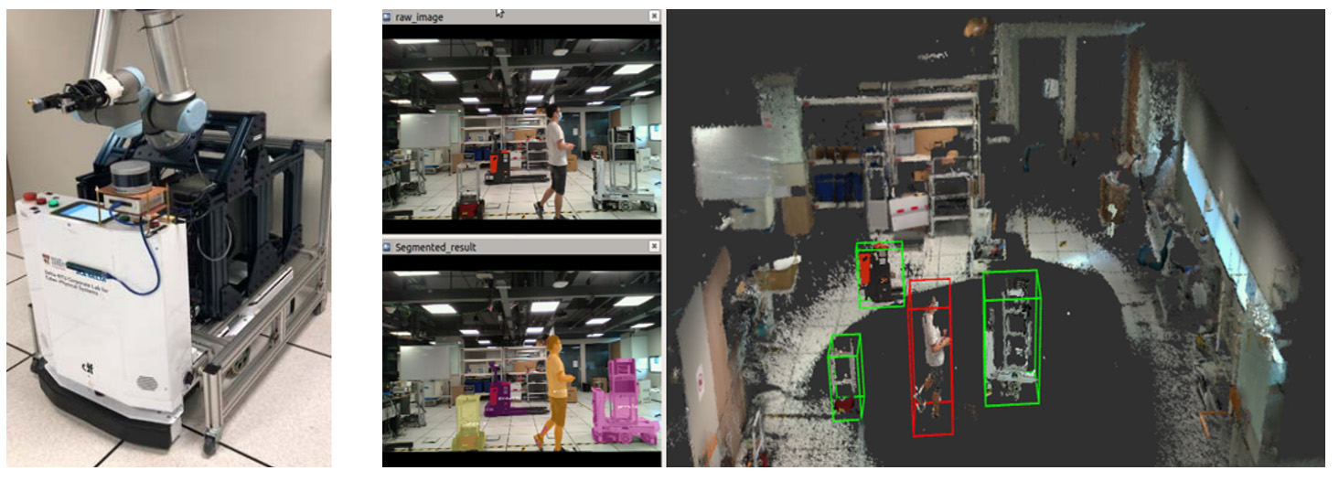 Figure 1: AGV equipped with semantic multi-modal SLAM in a highly complex and dynamic environment. Left image is the AGV platform and localisation hardware. Right image is the mapping result with target object highlighted with multi-modal segmentation.