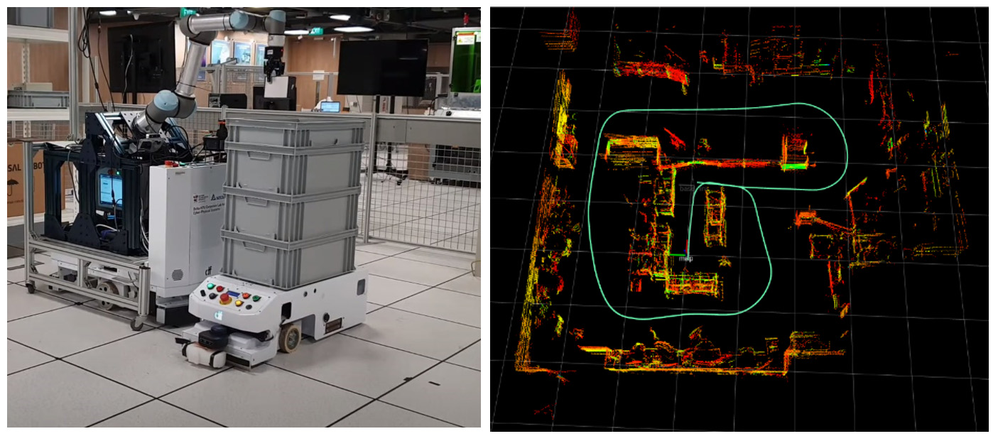 Figure 1: 3D LiDAR based autonomous navigation for indoor mapping and multi-robot collaboration. Left image is the multi-agent transportation and right image is the cm-level indoor localisation and mapping.