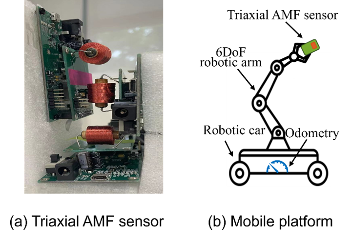 Figure 2: AMF sensor and mobile platform setup: (a) triaxial AMF sensor; (b) mobile platform.