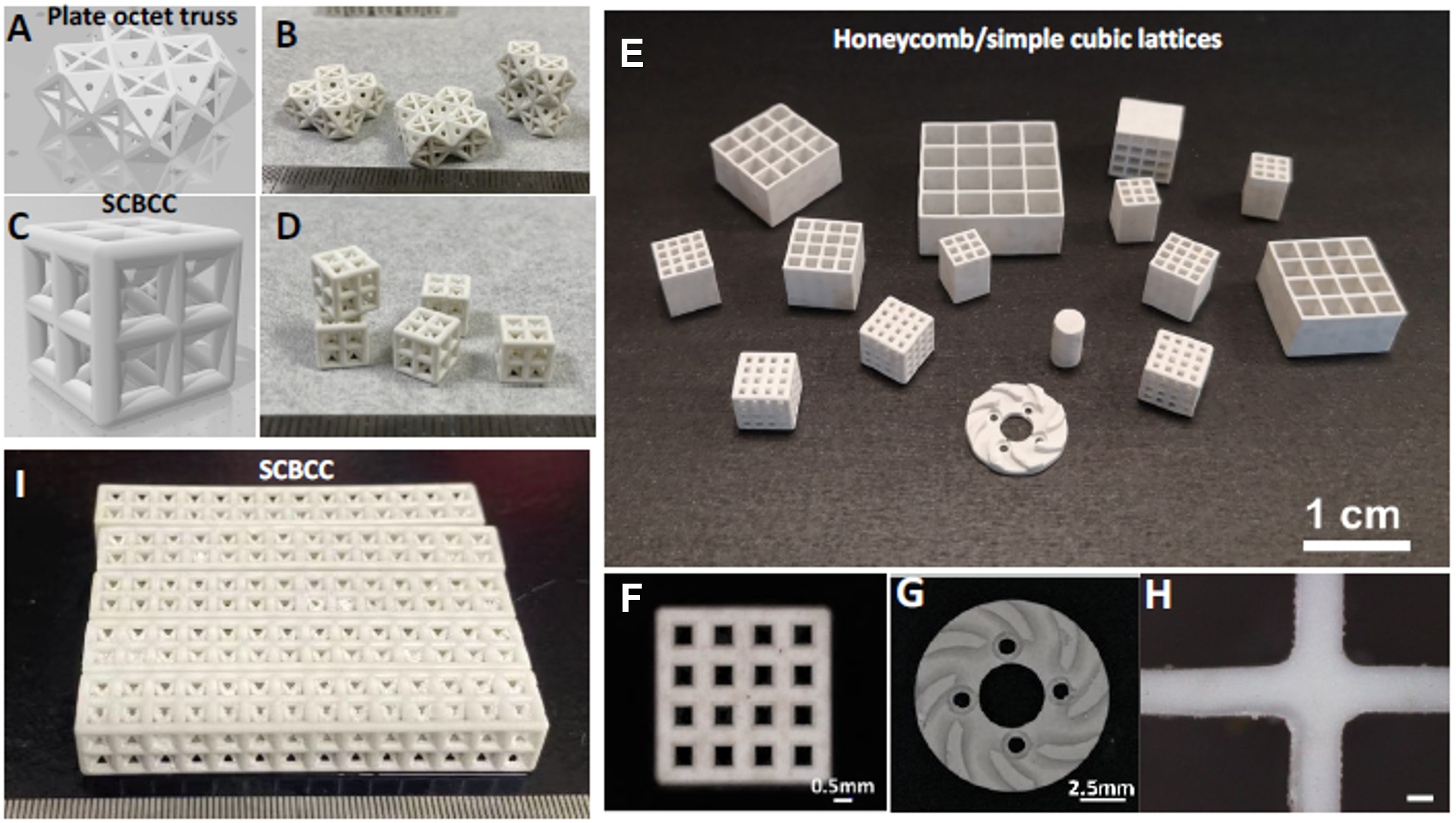 Figure 1: (A,C) Digital model and (B,D, E, F-I) photos of the complex shaped Si3N4 ceramics printed and sintered in this work. The ruler showing in (B,D,I) has the smallest scale of 1 mm.