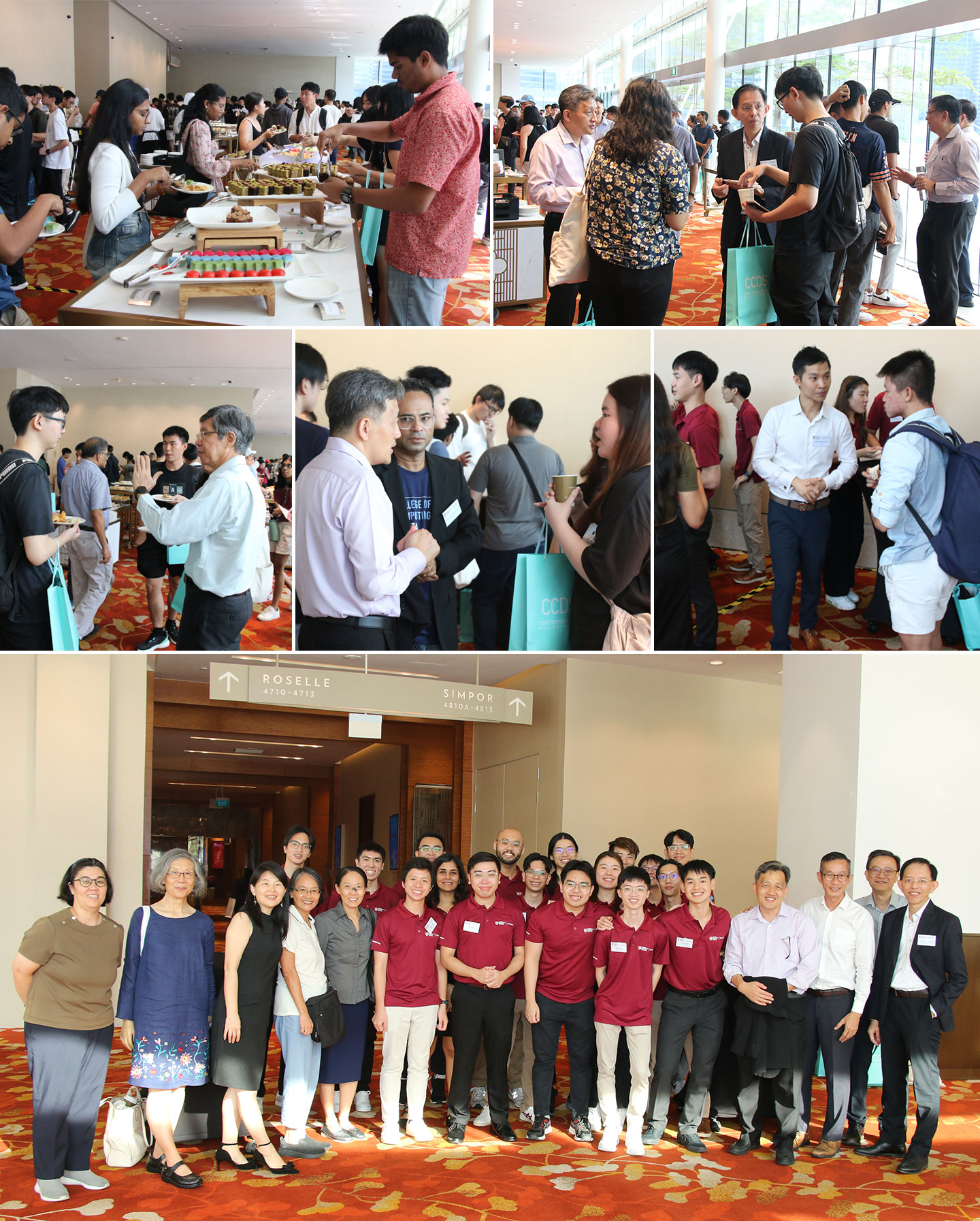Collage photo of networking session over refreshments served at the ballroom foyer. Last photo is a group of CCDS staff & student.