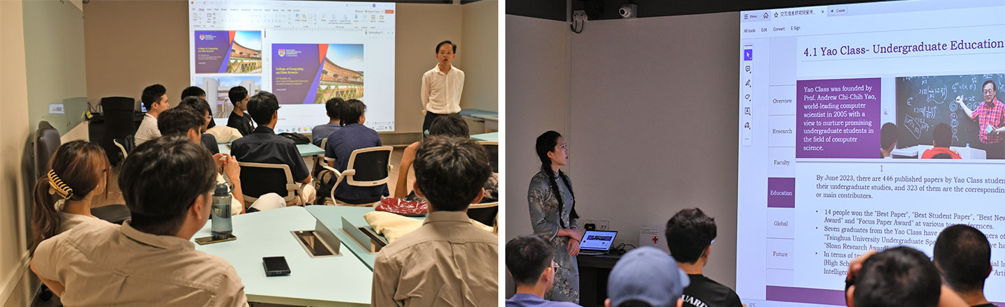 Two photos, 1st one is welcome address by A/P Nicholas Vun and 2nd one is presentation by Ms Mona, facilitator from Tsinghua University.