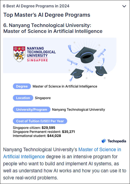 screen capture of “6 Best AI Degree Programs in 2024” by Techopedia.