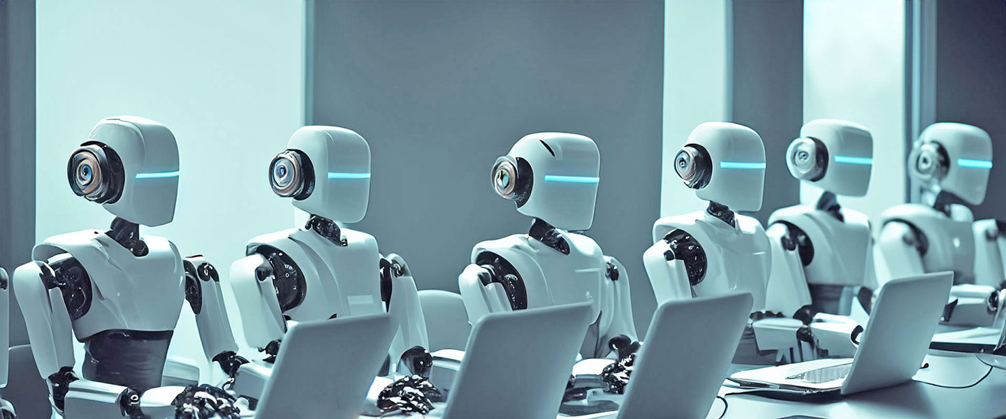 Image of 6 robots in a row, sitting infront of a long table with laptops.