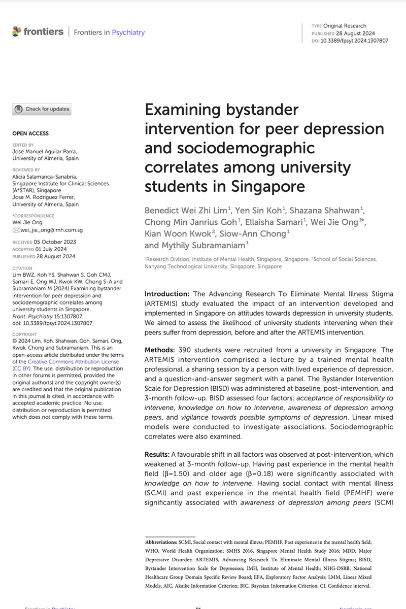 Examining bystander intervention for peer depression and sociodemographic correlates among university students in Singapore