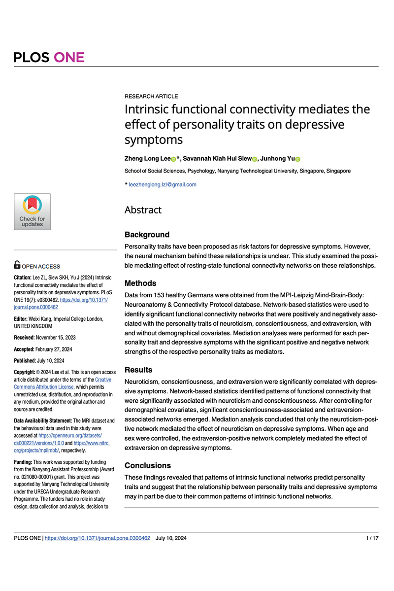 Intrinsic functional connectivity mediates the effect of personality traits on depressive symptoms