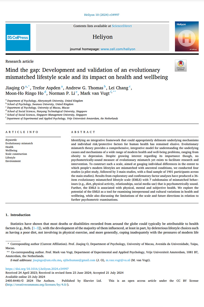 Mind the gap- development and validation of an evolutionary mismatched lifestyle scale and its impact on health and wellbeing