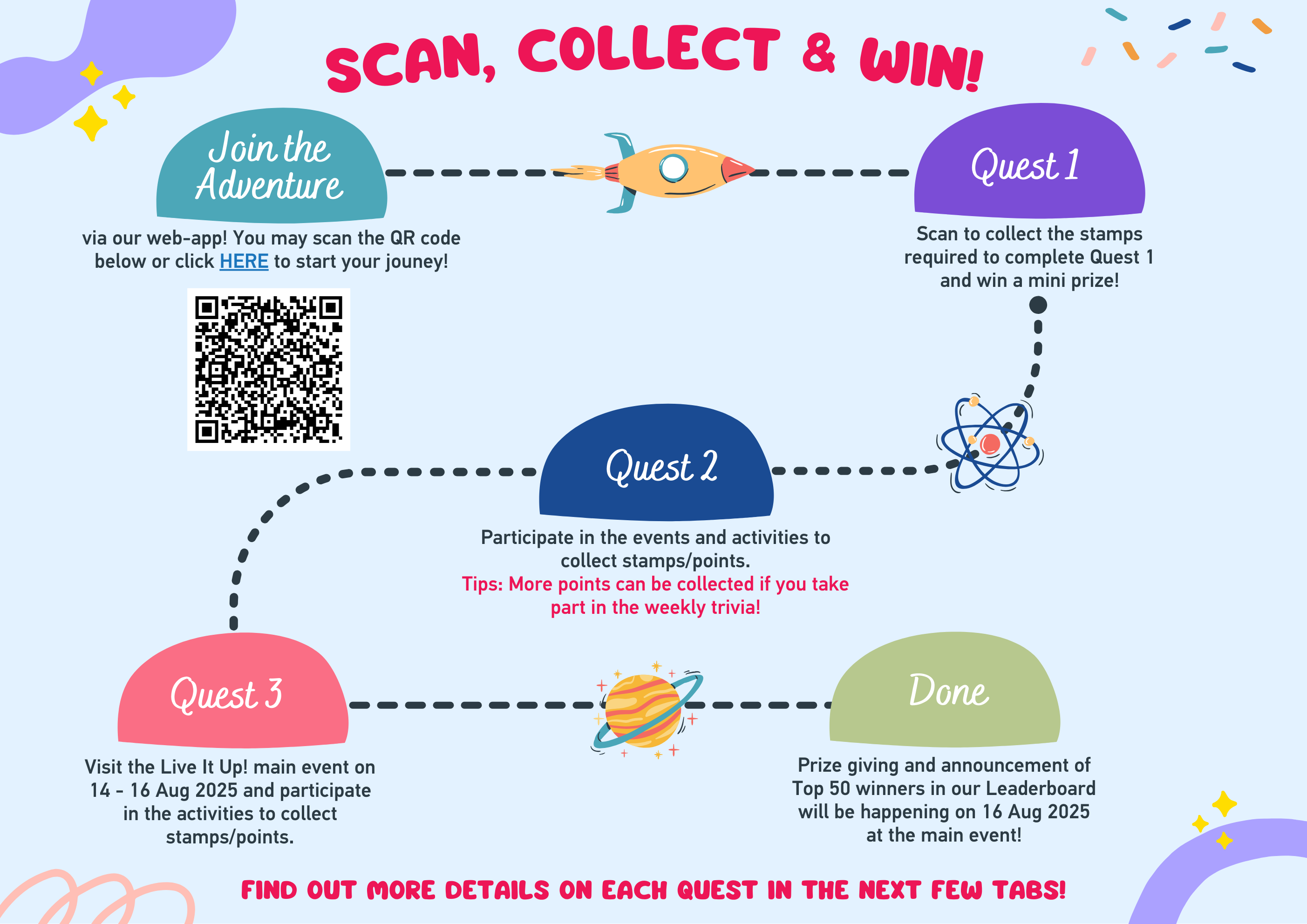 Guide on how to play Live It Up! Unlock the Adventure by scanning, collecting stamps and win prizes.