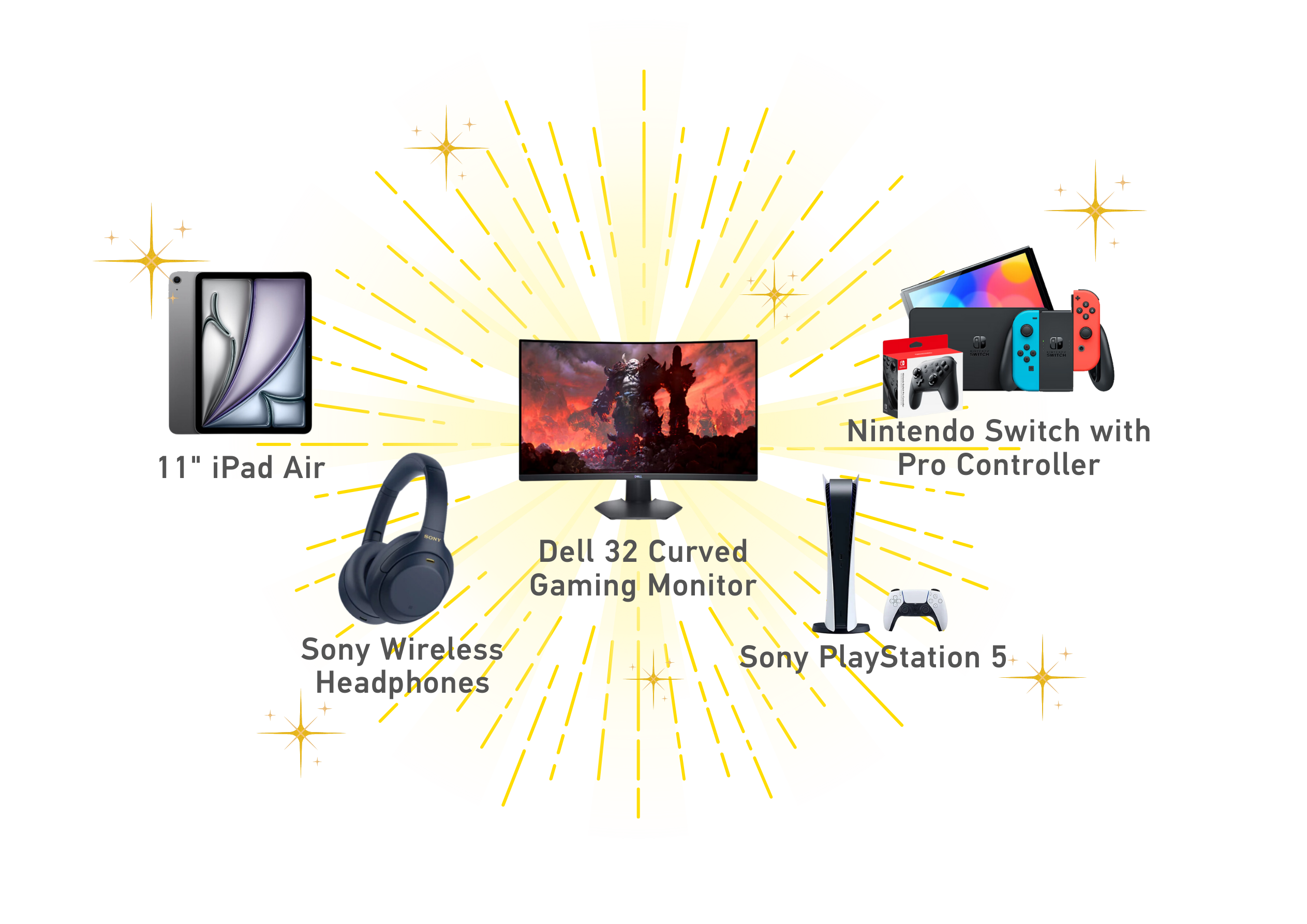 Prizes to be won, such as gaming monitor, sony playstation 5, nintendo switch with pro controller, ipad air, sony wireless headphones.