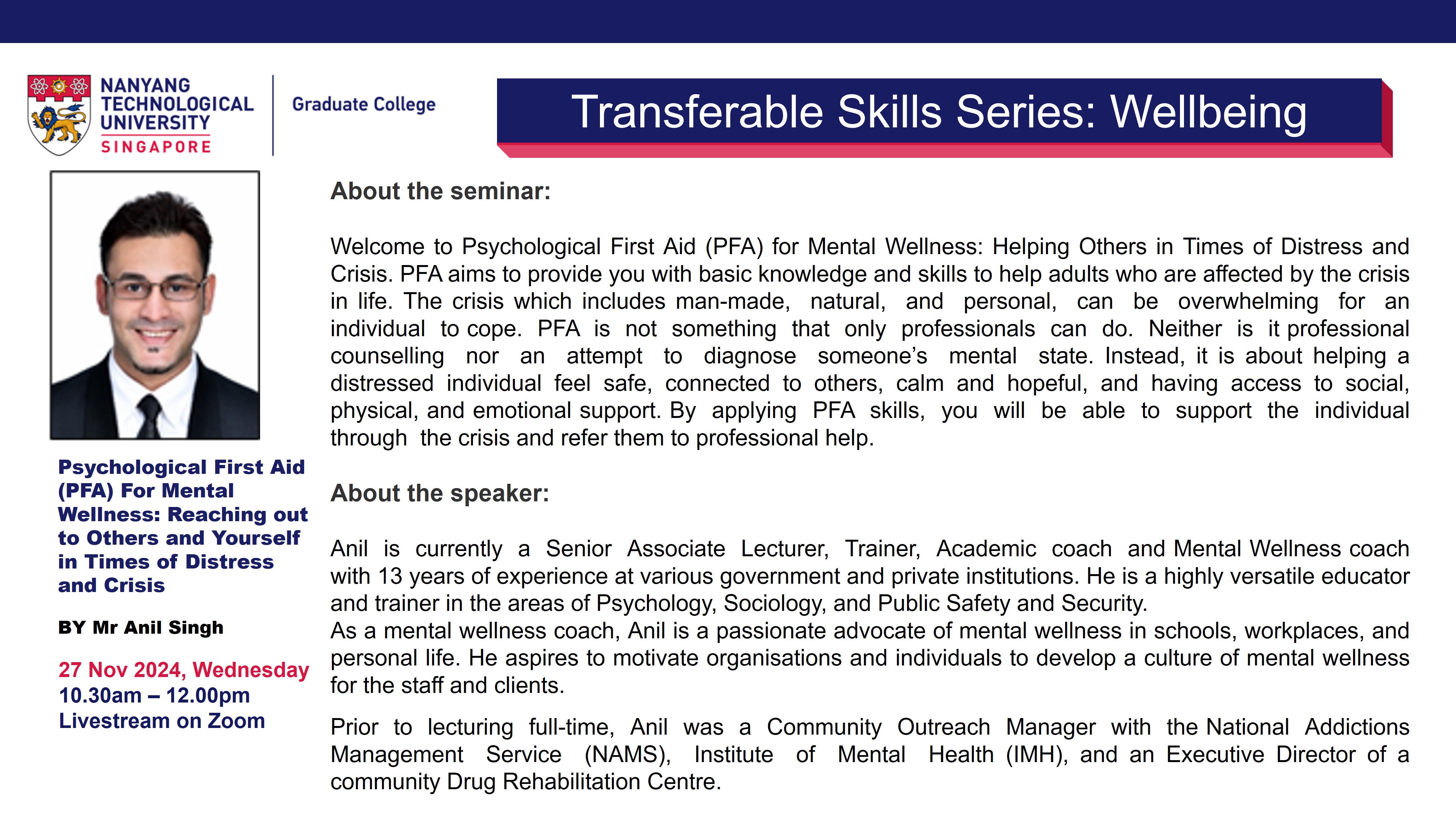 27 Nov_Psychological First Aid (PFA) For Mental Wellness_Reaching out to Others and Yourself in Times of Distress and Crisis