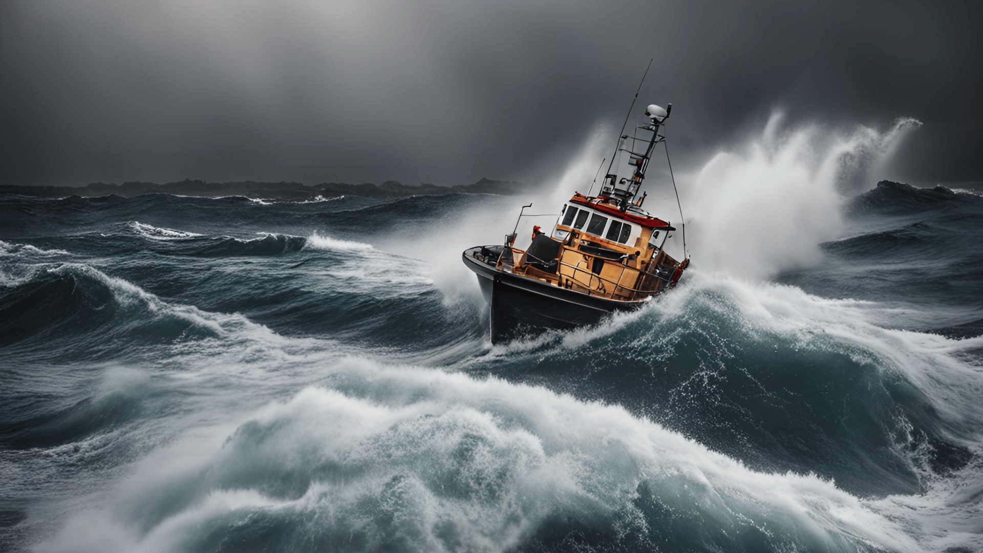 A small boat navigating unchartered waters in a heavy storm