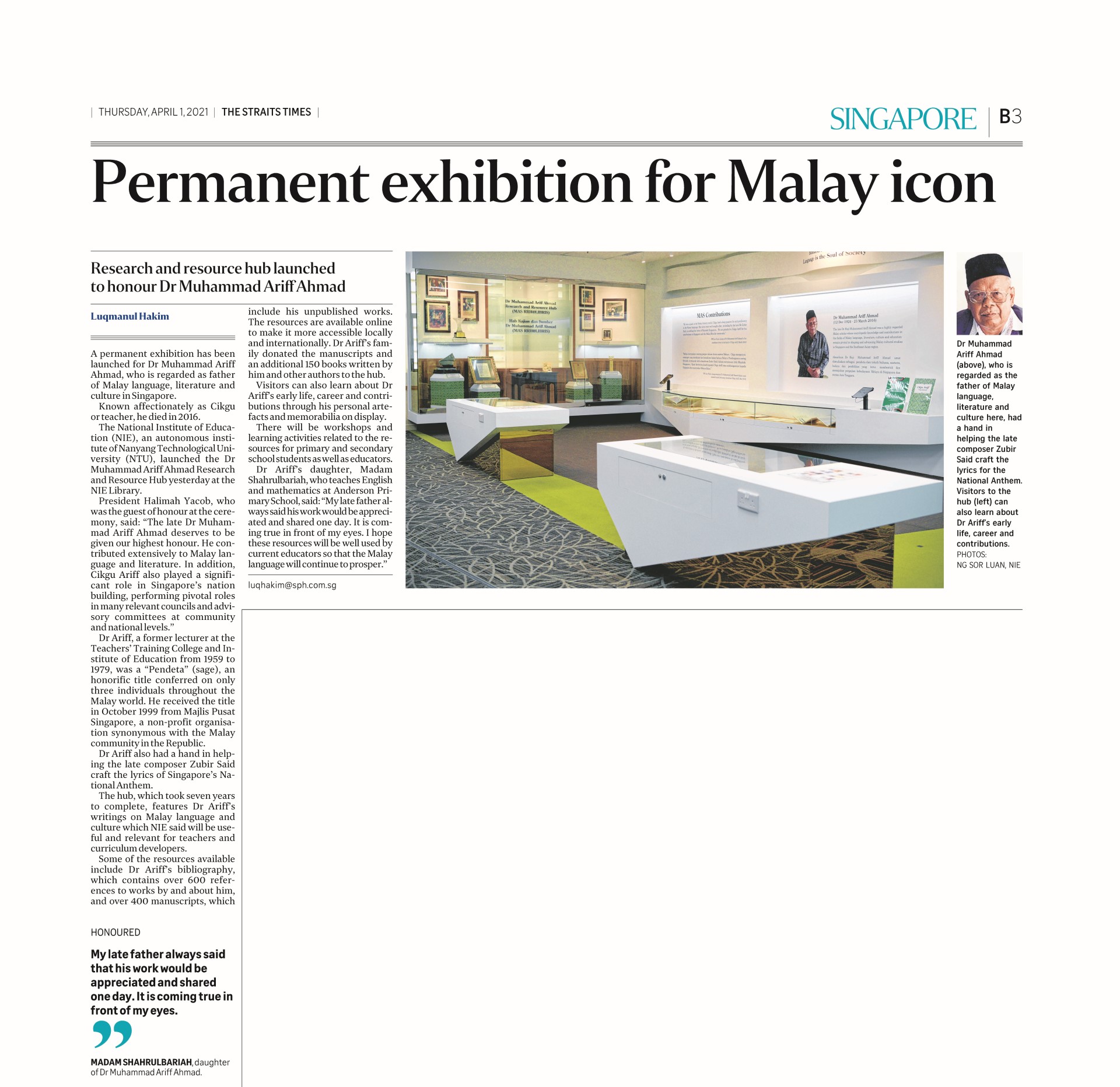 20210401 Permanent exhibition launched at NIE library for Malay literary icon