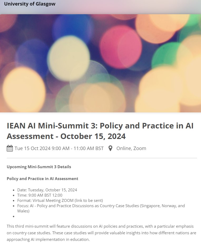 Poster_IEAN AI Mini-Summit 3: Policy and Practice in AI Assessment - October 15, 2024