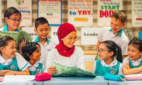 Malay Teacher in Red Tudung Teaching Group of 7 Primary School Students in Uniform (720x432px)