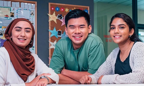 Smiling Group of 4 Young Adults Stars On Classroom Wall Malay Girl with Brown Tudung (720x432px)
